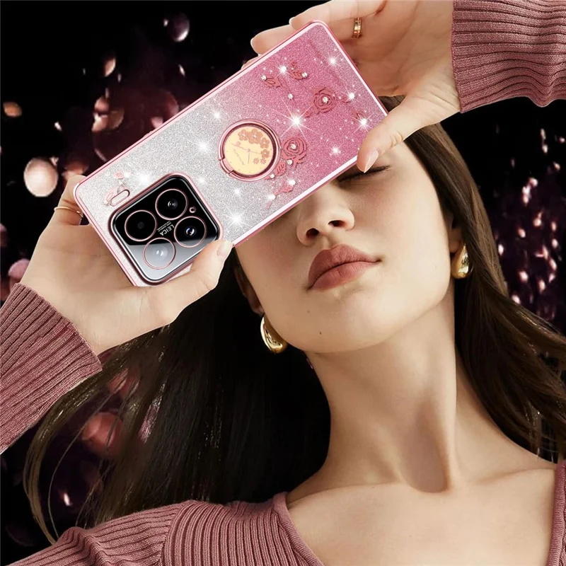 KADEM For Xiaomi 15 Case Ring Kickstand TPU Flowers Phone Cover Gradient Glitter - Rose Gold