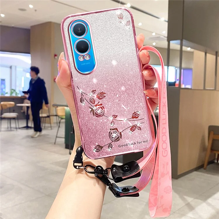 KADEM Per OnePlus Nord CE4 Lite 5G Cover con Motivo Floreale TPU Gradiente e Cordino - Oro Rosa