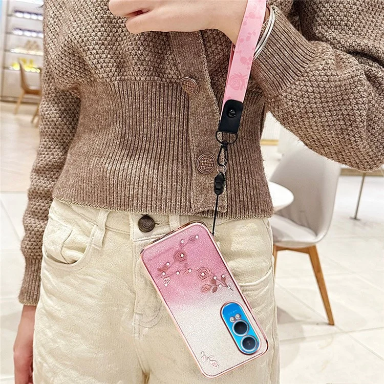 KADEM Per OnePlus Nord CE4 Lite 5G Cover con Motivo Floreale TPU Gradiente e Cordino - Oro Rosa