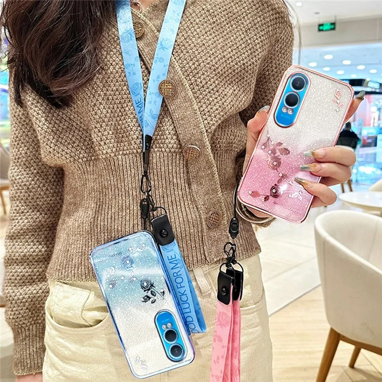 KADEM Per OnePlus Nord CE4 Lite 5G Cover con Motivo Floreale TPU Gradiente e Cordino - Oro Rosa