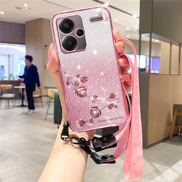 Funda KADEM para Xiaomi Redmi Note 13 Pro+ 5G con Patrón Floral, Carcasa de TPU Degradado con Cordón - Oro Rosa