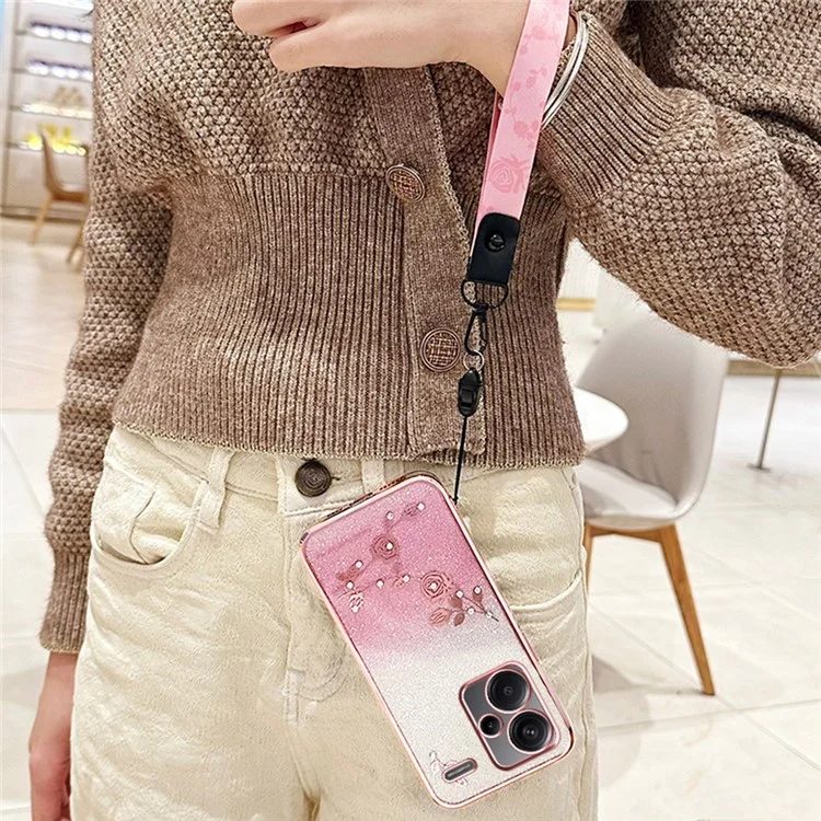 Funda KADEM para Xiaomi Redmi Note 13 Pro+ 5G con Patrón Floral, Carcasa de TPU Degradado con Cordón - Oro Rosa