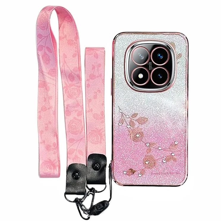 KADEM Para Xiaomi Redmi Note 14 Pro+ 5G Capa Padrão de Flor TPU Gradiente Capa de Telefone com Cordões - Ouro Rosa