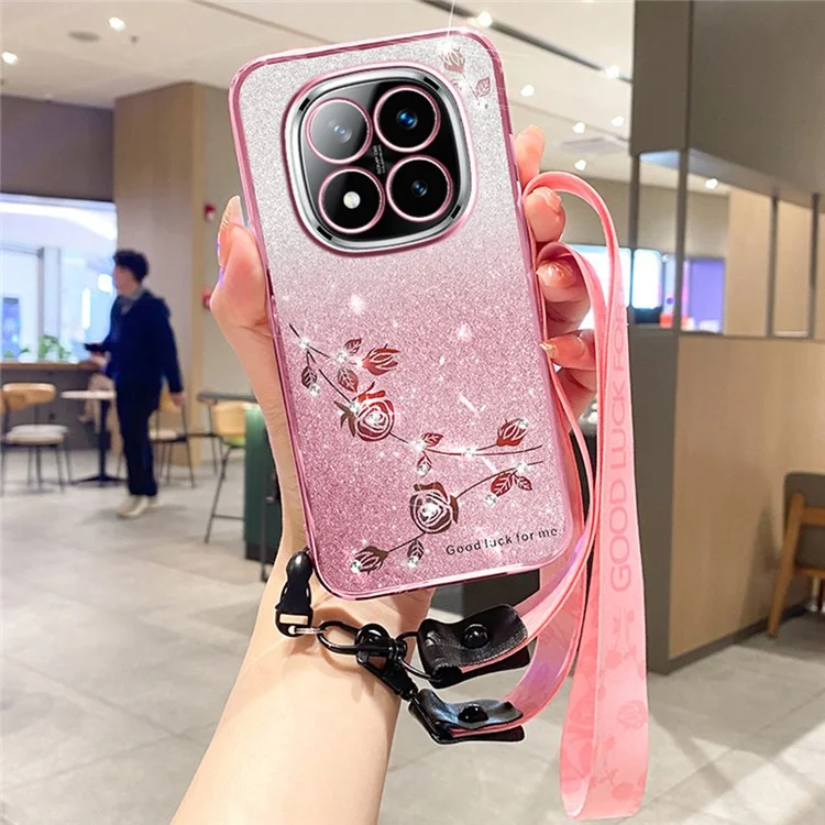 KADEM Para Xiaomi Redmi Note 14 Pro+ 5G Capa Padrão de Flor TPU Gradiente Capa de Telefone com Cordões - Ouro Rosa