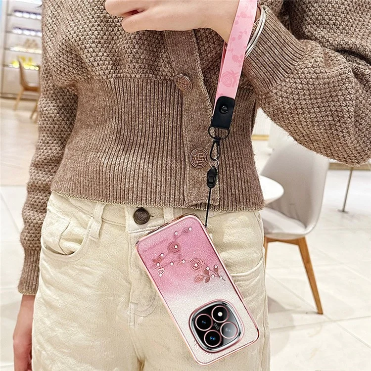 KADEM Para Xiaomi Redmi Note 14 Pro+ 5G Capa Padrão de Flor TPU Gradiente Capa de Telefone com Cordões - Ouro Rosa