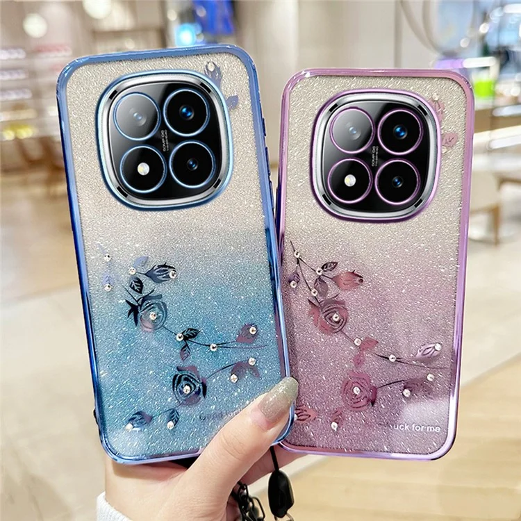 KADEM Para Xiaomi Redmi Note 14 Pro+ 5G Capa Padrão de Flor TPU Gradiente Capa de Telefone com Cordões - Ouro Rosa