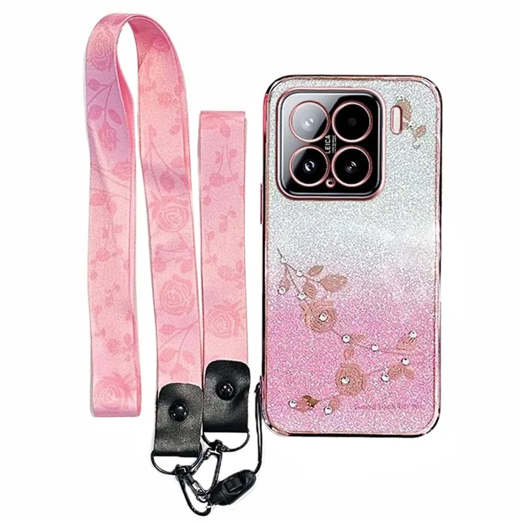 KADEM For Xiaomi 15 Case Flower Pattern TPU Gradient Phone Cover with Lanyards - Rose Gold