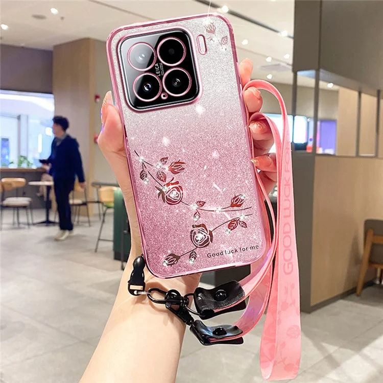 KADEM For Xiaomi 15 Case Flower Pattern TPU Gradient Phone Cover with Lanyards - Rose Gold
