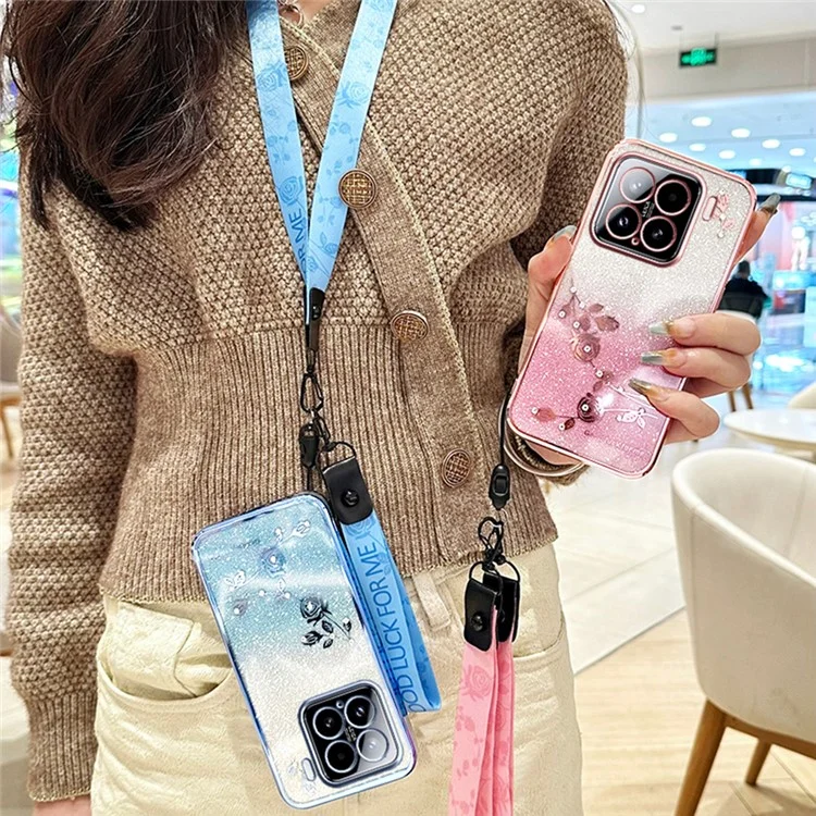 KADEM For Xiaomi 15 Case Flower Pattern TPU Gradient Phone Cover with Lanyards - Rose Gold