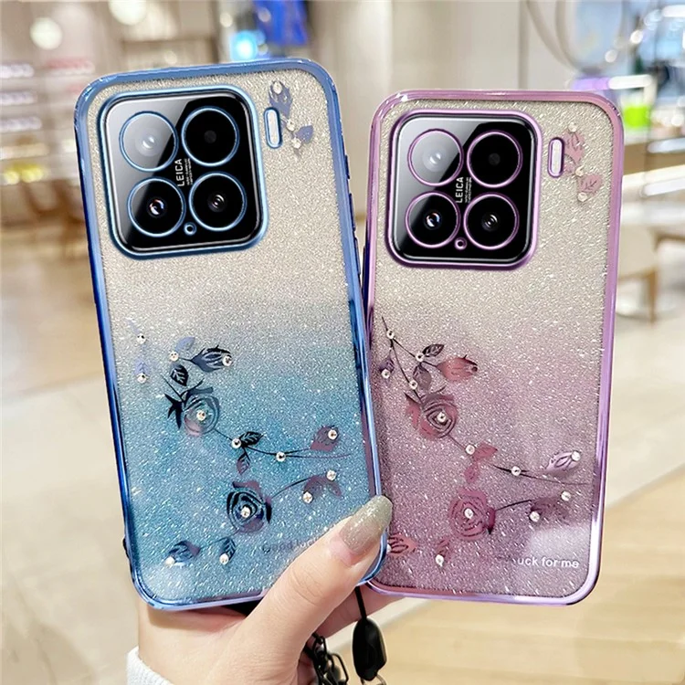 KADEM For Xiaomi 15 Case Flower Pattern TPU Gradient Phone Cover with Lanyards - Rose Gold