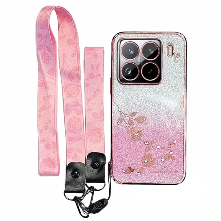 KADEM per Xiaomi 15 Pro Cover con Motivo Floreale TPU Sfumato e Laccetto - Oro Rosa