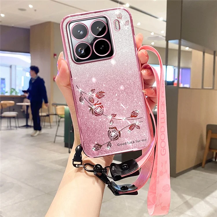KADEM per Xiaomi 15 Pro Cover con Motivo Floreale TPU Sfumato e Laccetto - Oro Rosa