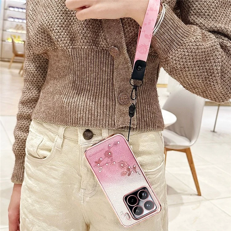 KADEM per Xiaomi 15 Pro Cover con Motivo Floreale TPU Sfumato e Laccetto - Oro Rosa