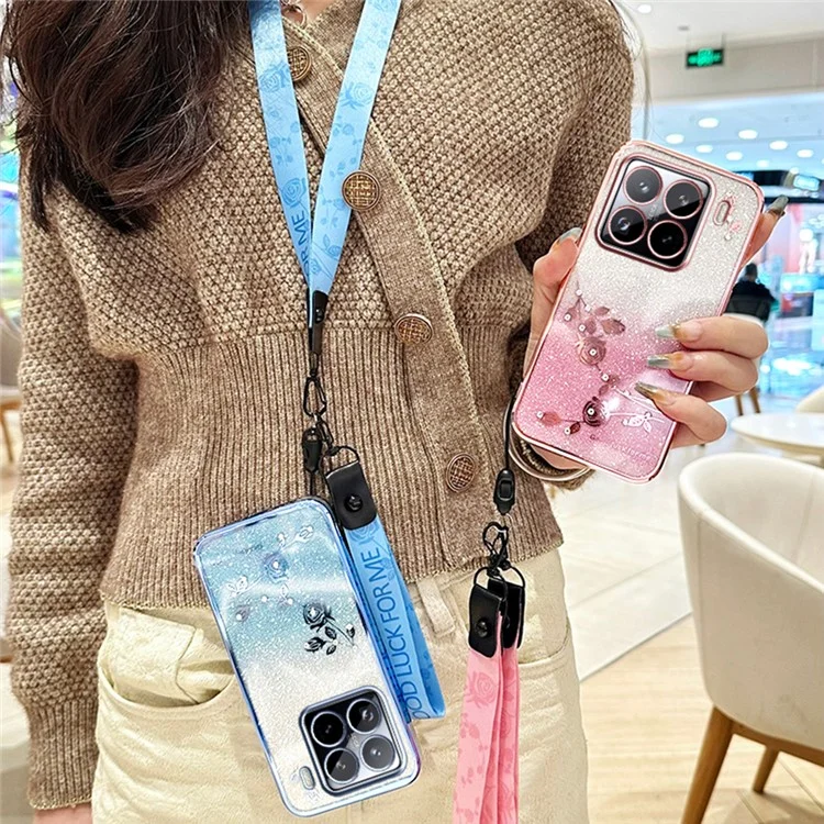 KADEM per Xiaomi 15 Pro Cover con Motivo Floreale TPU Sfumato e Laccetto - Oro Rosa