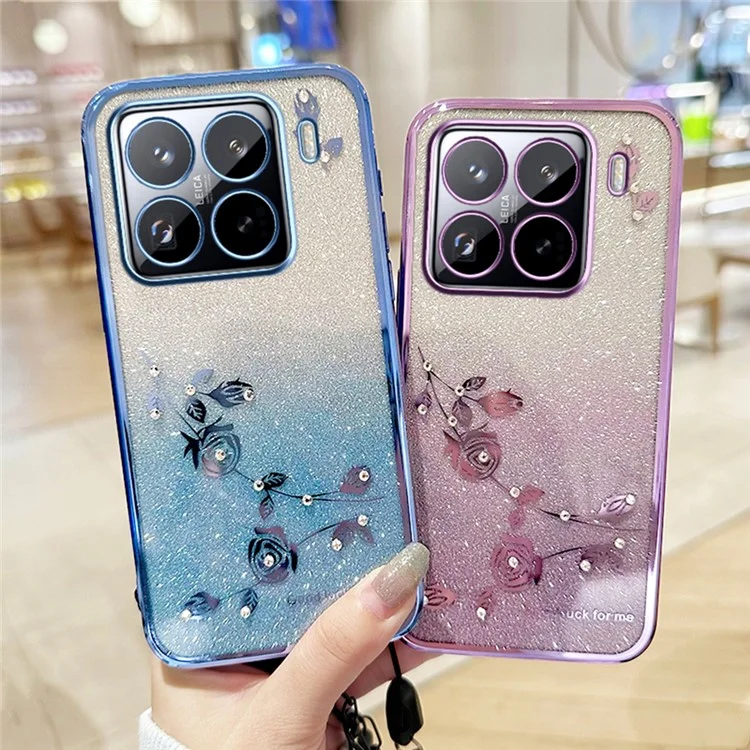 KADEM per Xiaomi 15 Pro Cover con Motivo Floreale TPU Sfumato e Laccetto - Oro Rosa