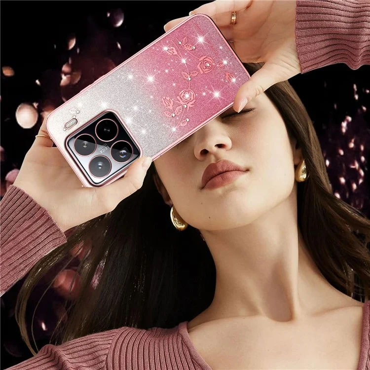 KADEM für Xiaomi 15 Pro Hülle Blumen TPU Flexible Gradient Handyhülle - Roségold