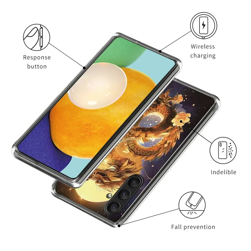 For 	Samsung Galaxy A24 4G (162.1 x 77.6 x 8.3mm) Case IMD Pattern Printed Shockproof TPU Phone Cover - Golden Dragon