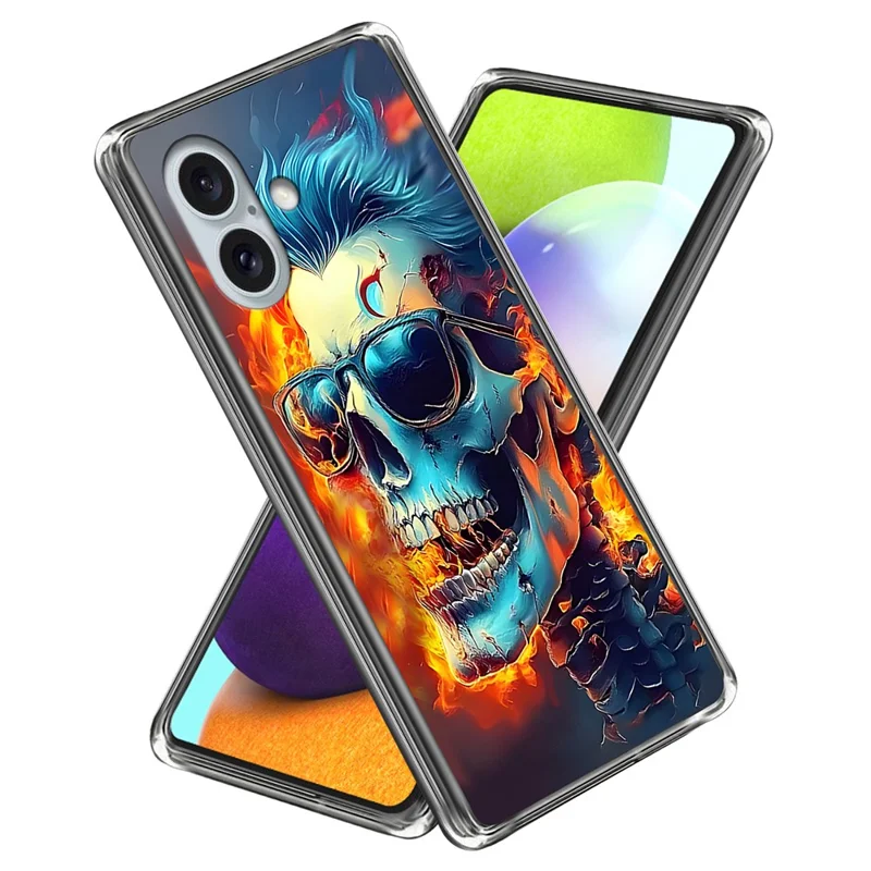 For iPhone 16 Case IMD Pattern Printing TPU Shockproof Phone Cover - Flame Skull