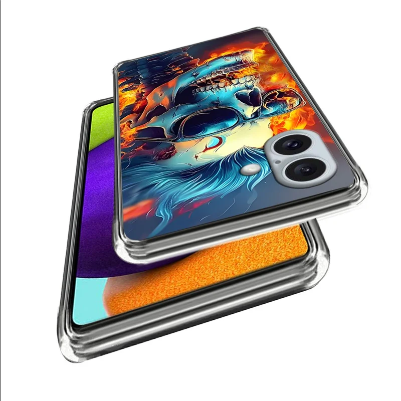 For iPhone 16 Case IMD Pattern Printing TPU Shockproof Phone Cover - Flame Skull