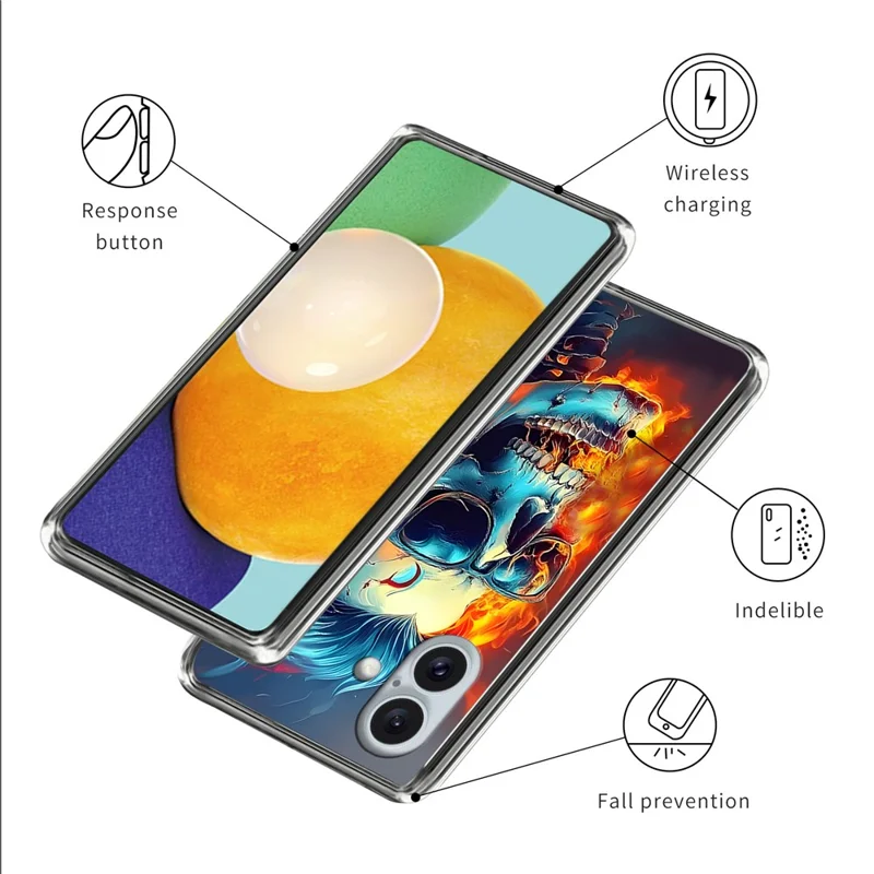 For iPhone 16 Case IMD Pattern Printing TPU Shockproof Phone Cover - Flame Skull