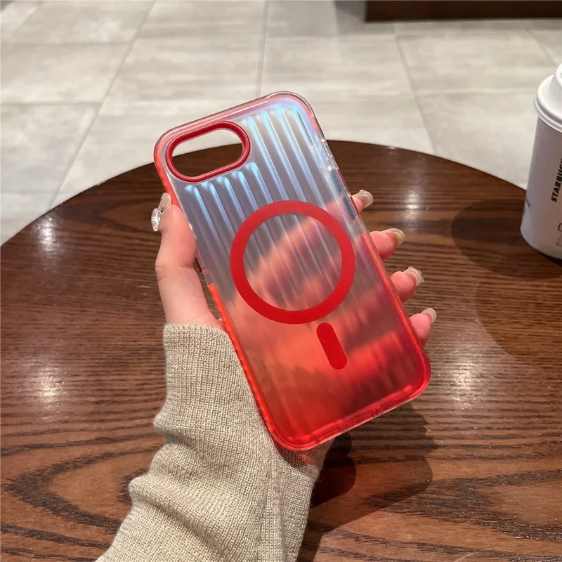 For iPhone 17e / 16e Magnetic Case Corrugated Design Gradient Shockproof Phone Cover - Red