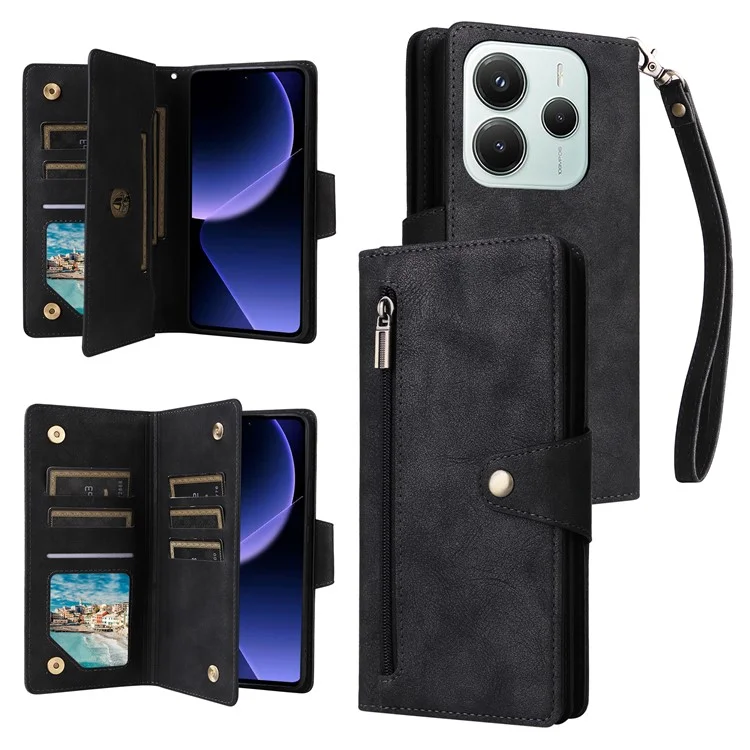For Xiaomi Redmi Note 14 5G / Poco M7 Pro 5G Case Zipper Wallet Leather Stand Phone Cover Rivet Decor - Black