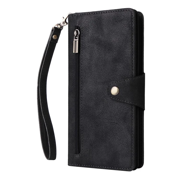For Xiaomi Redmi Note 14 5G / Poco M7 Pro 5G Case Zipper Wallet Leather Stand Phone Cover Rivet Decor - Black