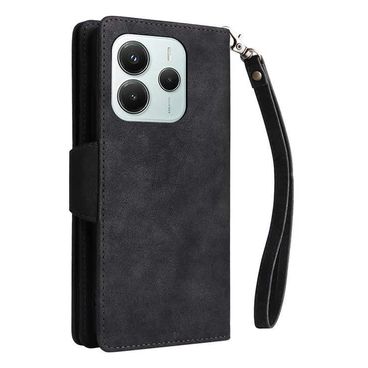 For Xiaomi Redmi Note 14 5G / Poco M7 Pro 5G Case Zipper Wallet Leather Stand Phone Cover Rivet Decor - Black