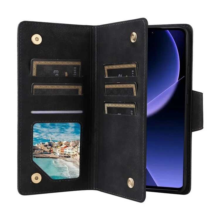 For Xiaomi Redmi Note 14 5G / Poco M7 Pro 5G Case Zipper Wallet Leather Stand Phone Cover Rivet Decor - Black