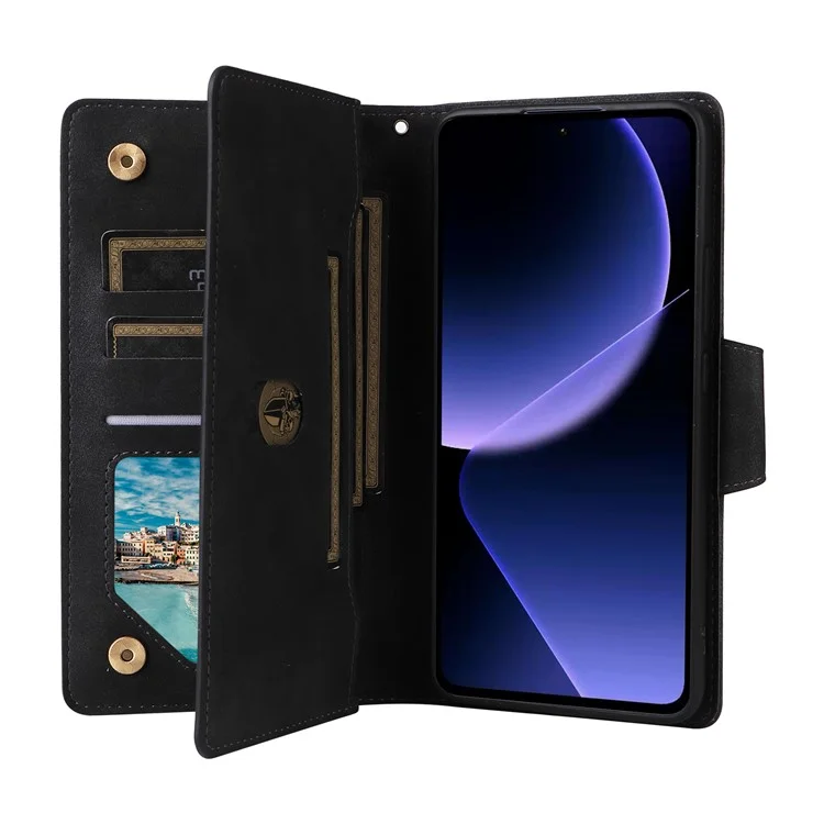 For Xiaomi Redmi Note 14 5G / Poco M7 Pro 5G Case Zipper Wallet Leather Stand Phone Cover Rivet Decor - Black