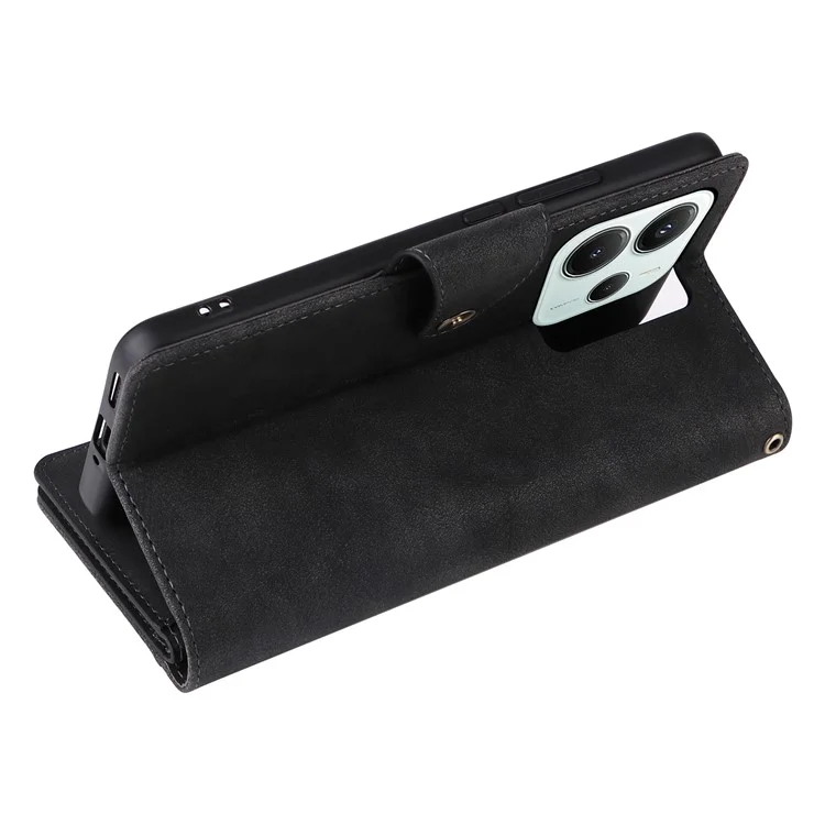 For Xiaomi Redmi Note 14 5G / Poco M7 Pro 5G Case Zipper Wallet Leather Stand Phone Cover Rivet Decor - Black