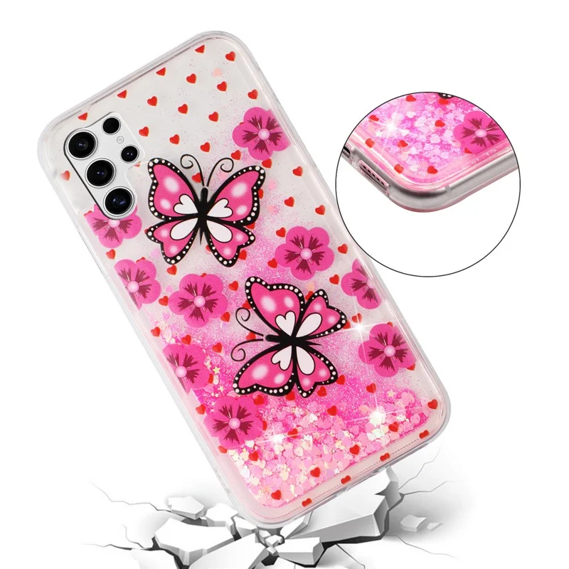 For Samsung Galaxy S25 Ultra Case Floating Quicksand Pattern Soft TPU Back Cover - Red Butterflies