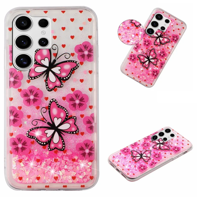 For Samsung Galaxy S25 Ultra Case Floating Quicksand Pattern Soft TPU Back Cover - Red Butterflies