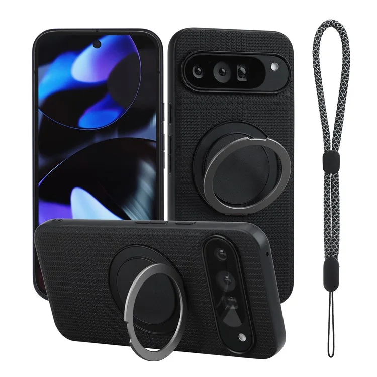 Funda VILI D-THS Serie para Google Pixel 9 Pro / 9 con Anillo Magnético, Soporte Plegable, Carcasa Rígida y TPU para Teléfono con Correa - Negro