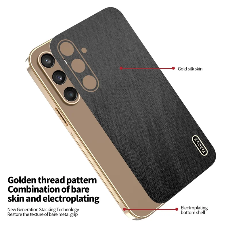 KADEM For Samsung Galaxy S24+ Case Electroplating Silk Texture PU + TPU Phone Back Cover - Black