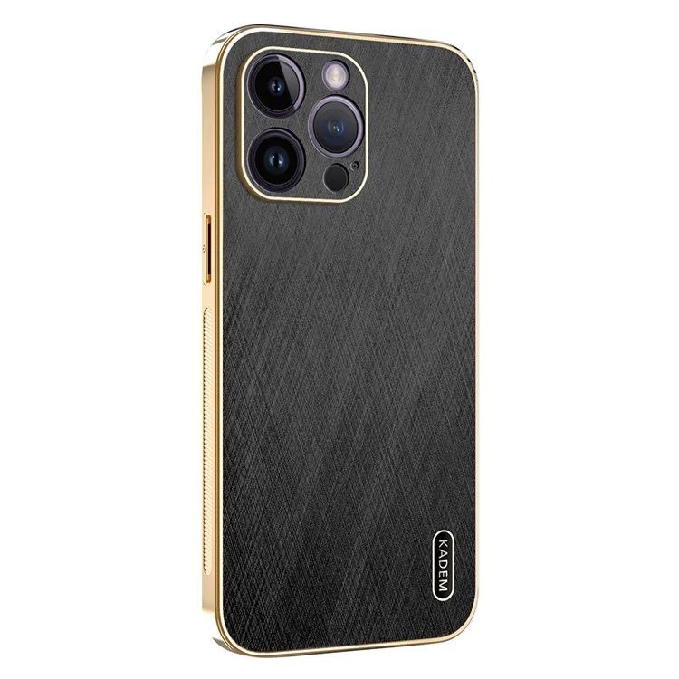 KADEM For iPhone 14 Pro Max Case Electroplating Silk Texture PU + TPU Phone Back Cover - Black