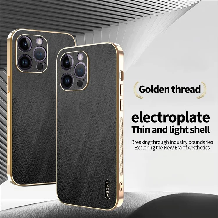 KADEM For iPhone 14 Pro Max Case Electroplating Silk Texture PU + TPU Phone Back Cover - Black