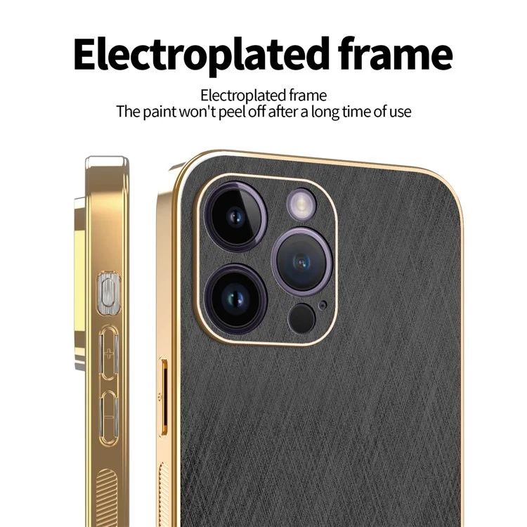 KADEM For iPhone 14 Pro Max Case Electroplating Silk Texture PU + TPU Phone Back Cover - Black