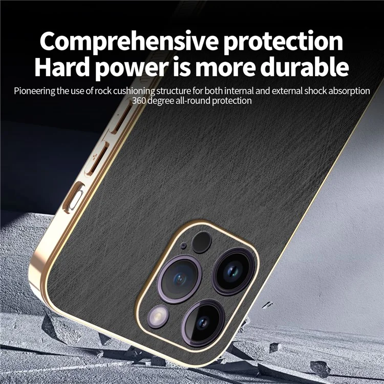 KADEM For iPhone 14 Pro Max Case Electroplating Silk Texture PU + TPU Phone Back Cover - Black