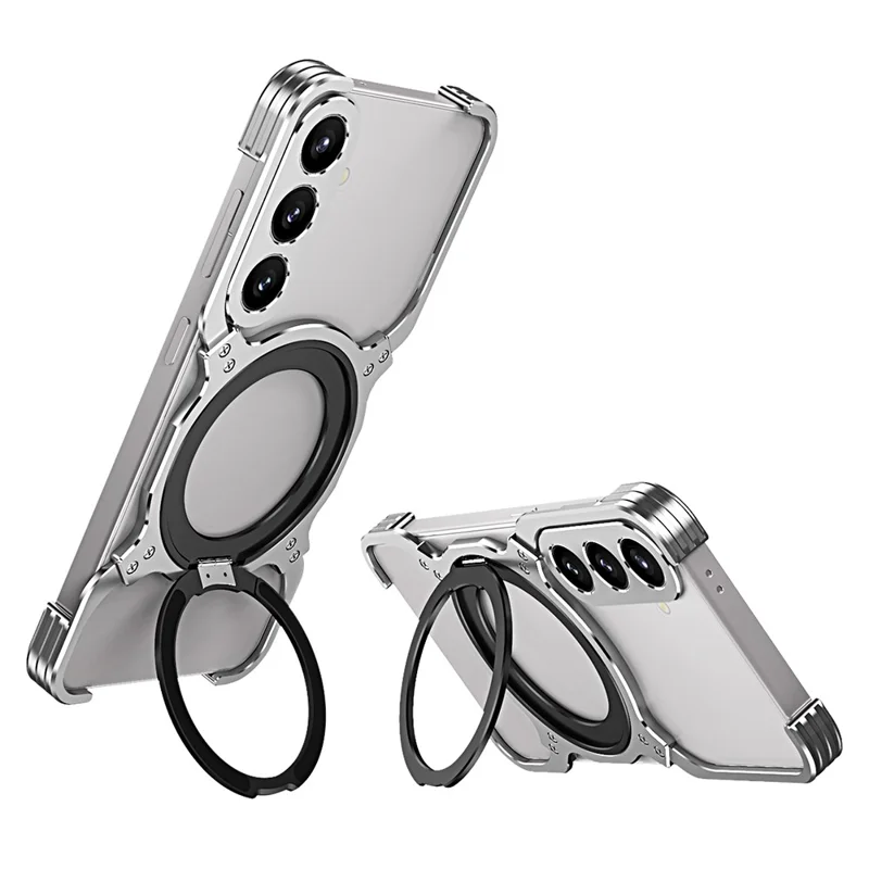 For Samsung Galaxy S24+ Case Kickstand Metal Bumper Magnetic Phone Cover - Silver / Silver