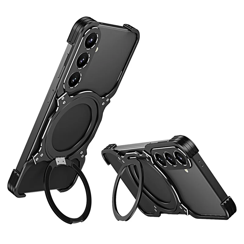 Voor Samsung Galaxy S24 Hoesje Standaard Metaal Bumper Magnetische Telefoonhoes - Zwart / Zilver