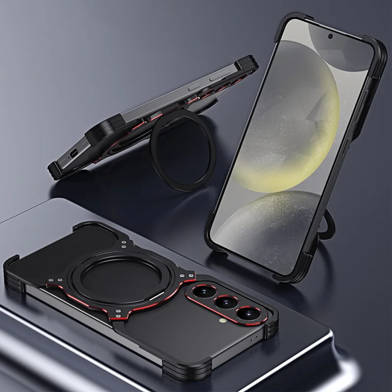 Voor Samsung Galaxy S24 Hoesje Standaard Metaal Bumper Magnetische Telefoonhoes - Zwart / Zilver