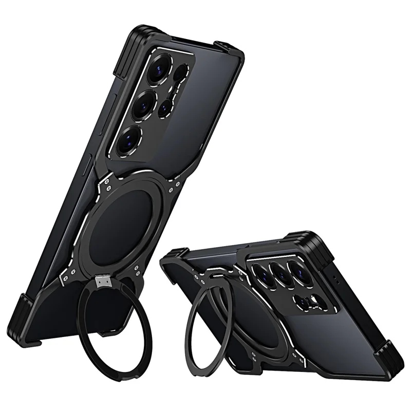 For Samsung Galaxy S25 Ultra Case Kickstand Metal Bumper Magnetic Phone Cover - Black / Silver