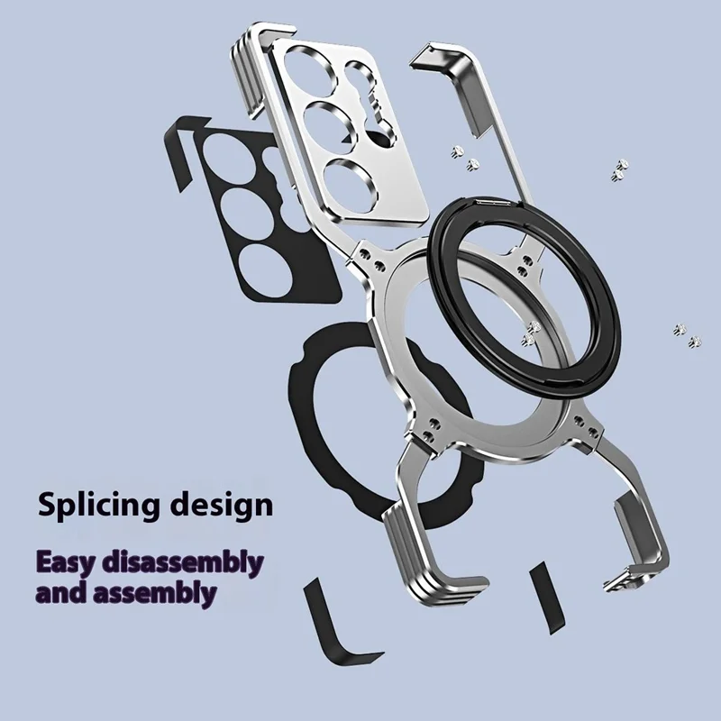 For Samsung Galaxy S25 Ultra Case Kickstand Metal Bumper Magnetic Phone Cover - Black / Silver