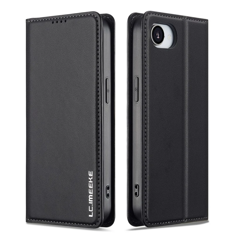 LC.IMEEKE L1 Series for iPhone 16e Case PU Leather Wallet Stand Protective Phone Cover - Black