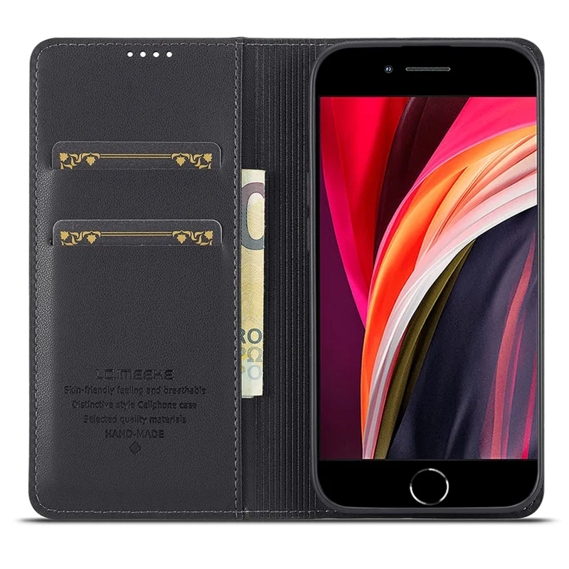 LC.IMEEKE L1 Series for iPhone 16e Case PU Leather Wallet Stand Protective Phone Cover - Black