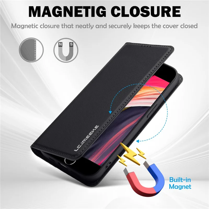 LC.IMEEKE L1 Series for iPhone 16e Case PU Leather Wallet Stand Protective Phone Cover - Black