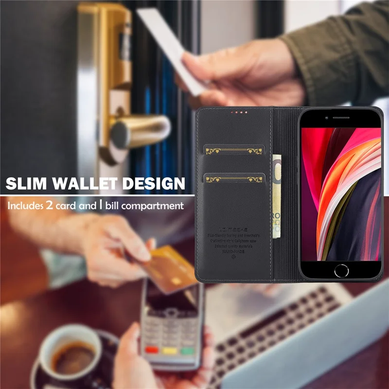 LC.IMEEKE L1 Series for iPhone 16e Case PU Leather Wallet Stand Protective Phone Cover - Black