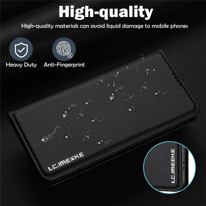 LC.IMEEKE L1 Series for iPhone 16e Case PU Leather Wallet Stand Protective Phone Cover - Black