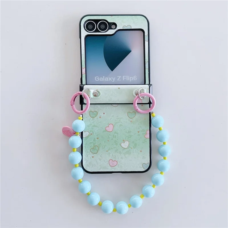 For Samsung Galaxy Z Flip7 FE 5G / Z Flip6 5G Case Anti Drop PC + PU Phone Back Cover with Beaded Strap Pattern Design - Green Heart
